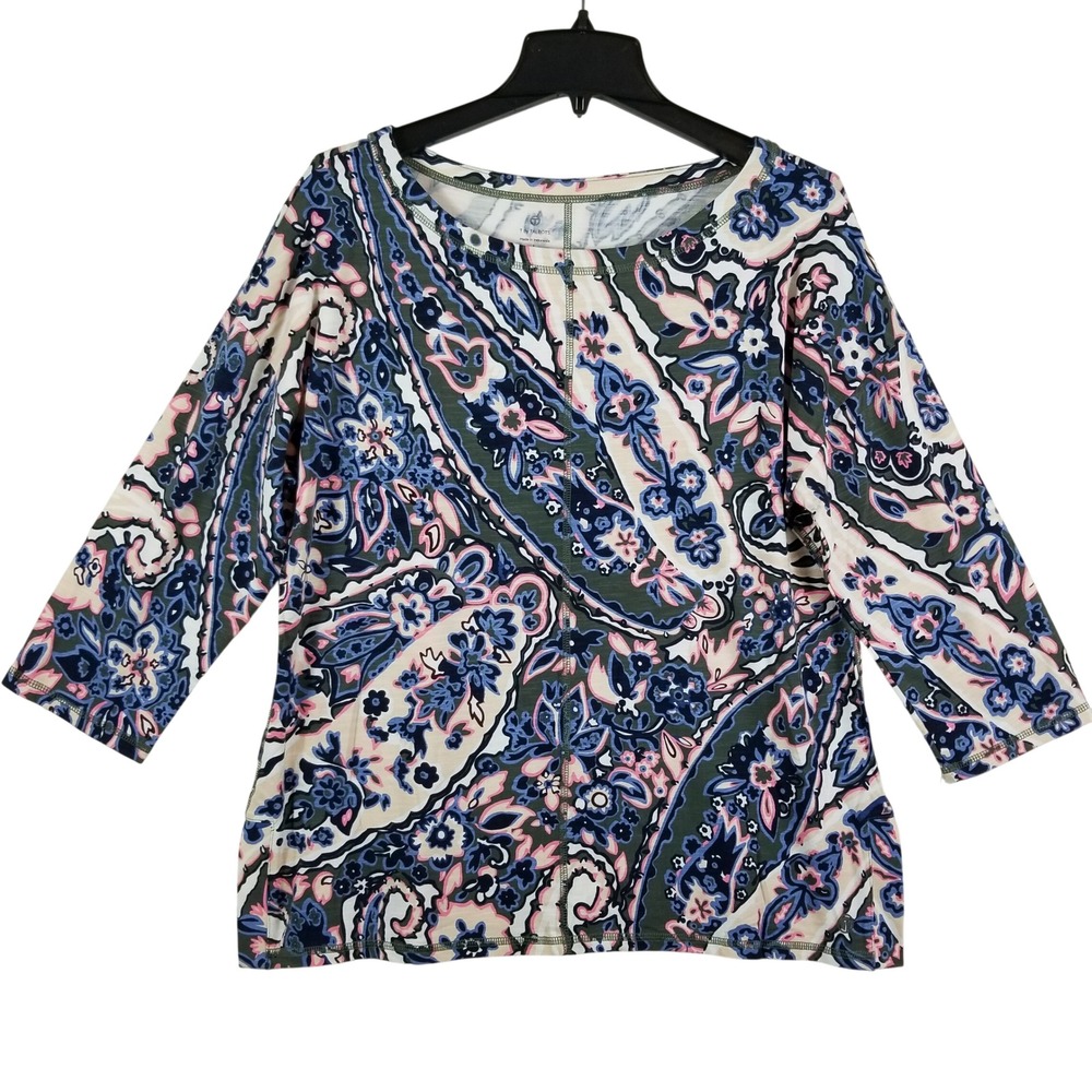T by Talbots Womens Large Paisley Floral 3/4 Sleeve Boat Neck Top Blue Pink L